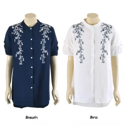 เสื้อคอจีน แขนสั้นแต่งระบาย  ผ้าปักลายไม้เลื้อย - Image 5