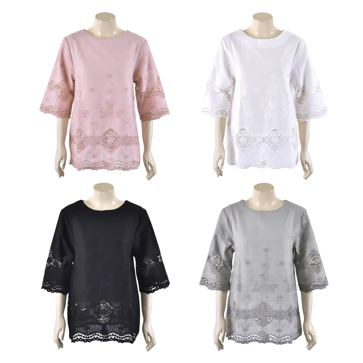 เสื้อทูนิคคอกลม แขน 4 ส่วน ตกแต่ง ลายปักพฤกษา