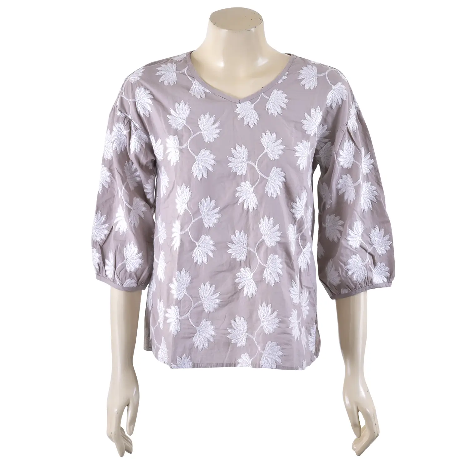 เสื้อสตรีคอวี แขน ทรงบอลลูน 4 ส่วน ปักลายใบไม้ - Image 4