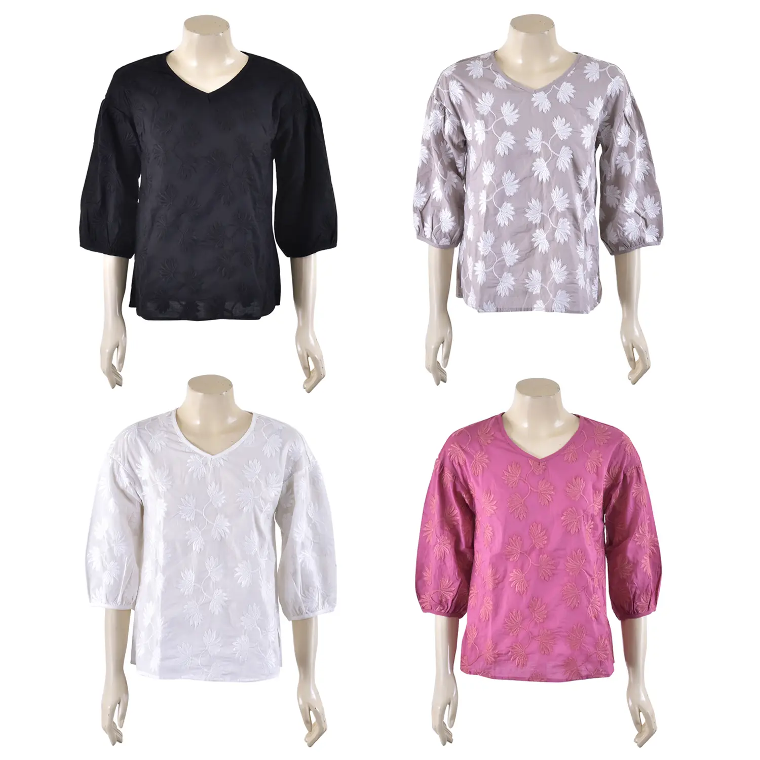 เสื้อสตรีคอวี แขน ทรงบอลลูน 4 ส่วน ปักลายใบไม้