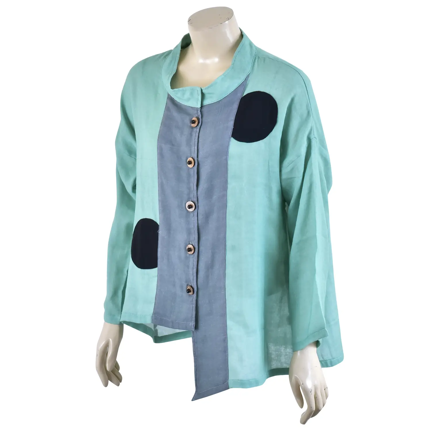 เสื้อสตรีคอตั้ง แขนยาว ทรงกระบอก แต่งชิ้นผ้า รูปวงกลม - Image 4