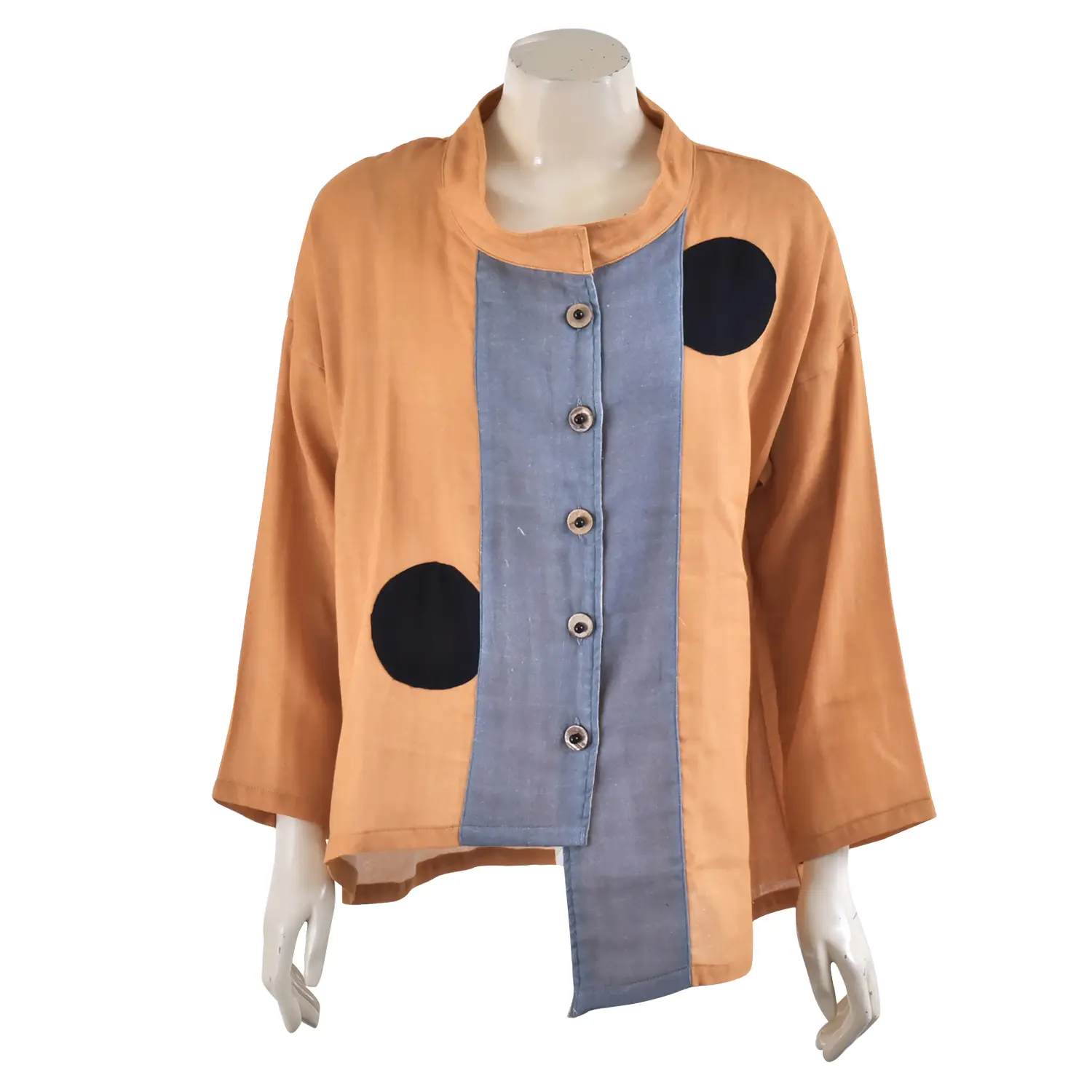 เสื้อสตรีคอตั้ง แขนยาว ทรงกระบอก แต่งชิ้นผ้า รูปวงกลม - Image 2