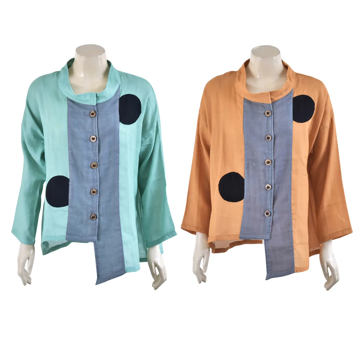 เสื้อสตรีคอตั้ง แขนยาว ทรงกระบอก แต่งชิ้นผ้า รูปวงกลม