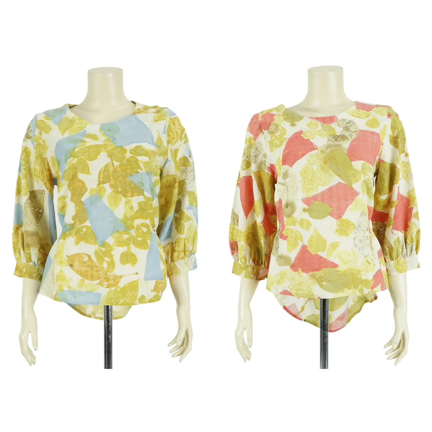 เสื้อสตรีคอกลม แขนบอลลูนยาว 4 ส่วน ผ้าพิมพ์ลายจากใบไม้
