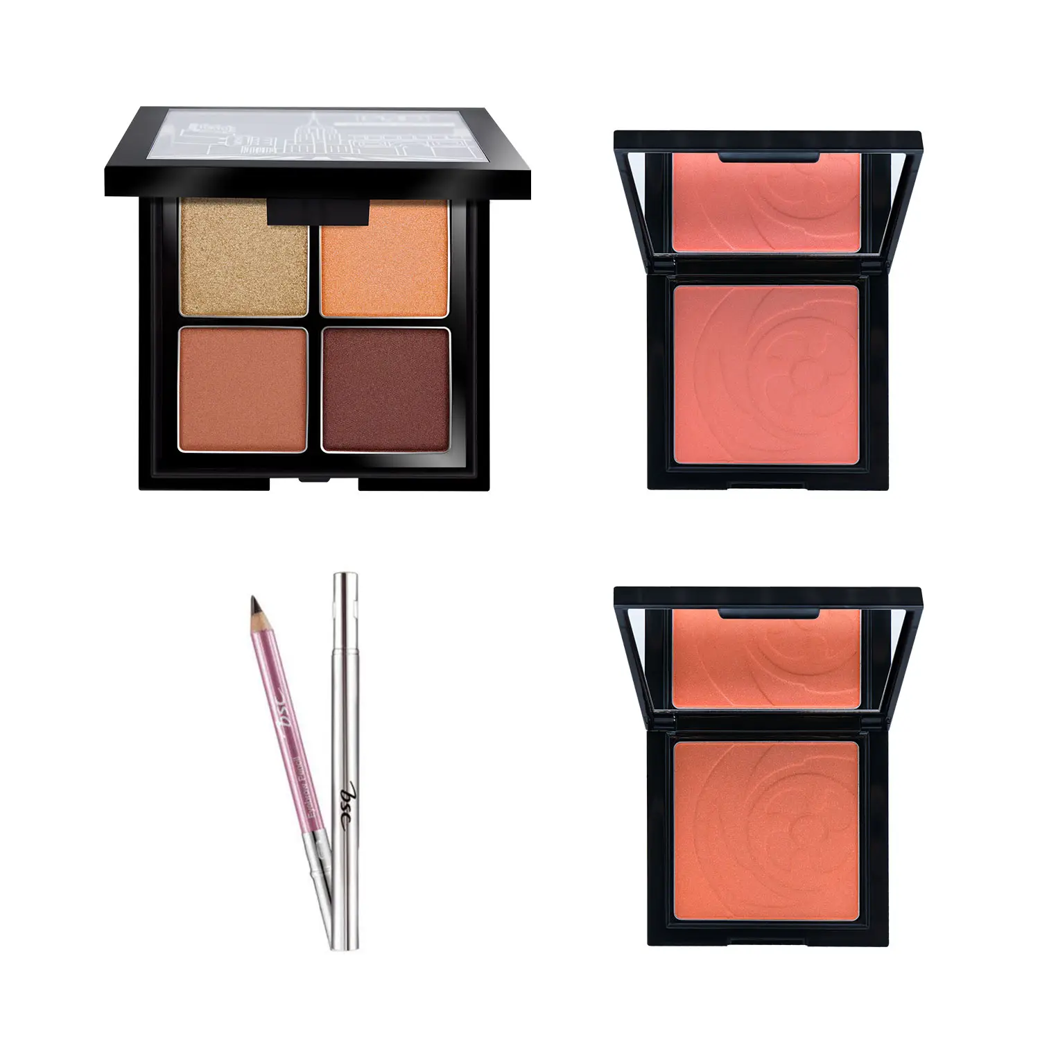 เซตพีเอนดี บีเอสซี อายแชโดว์ พาเลท 4 สี, บลัชออน สีเอฟ6, บลัชออน สีพี1 และดินสอเขียนคิ้ว