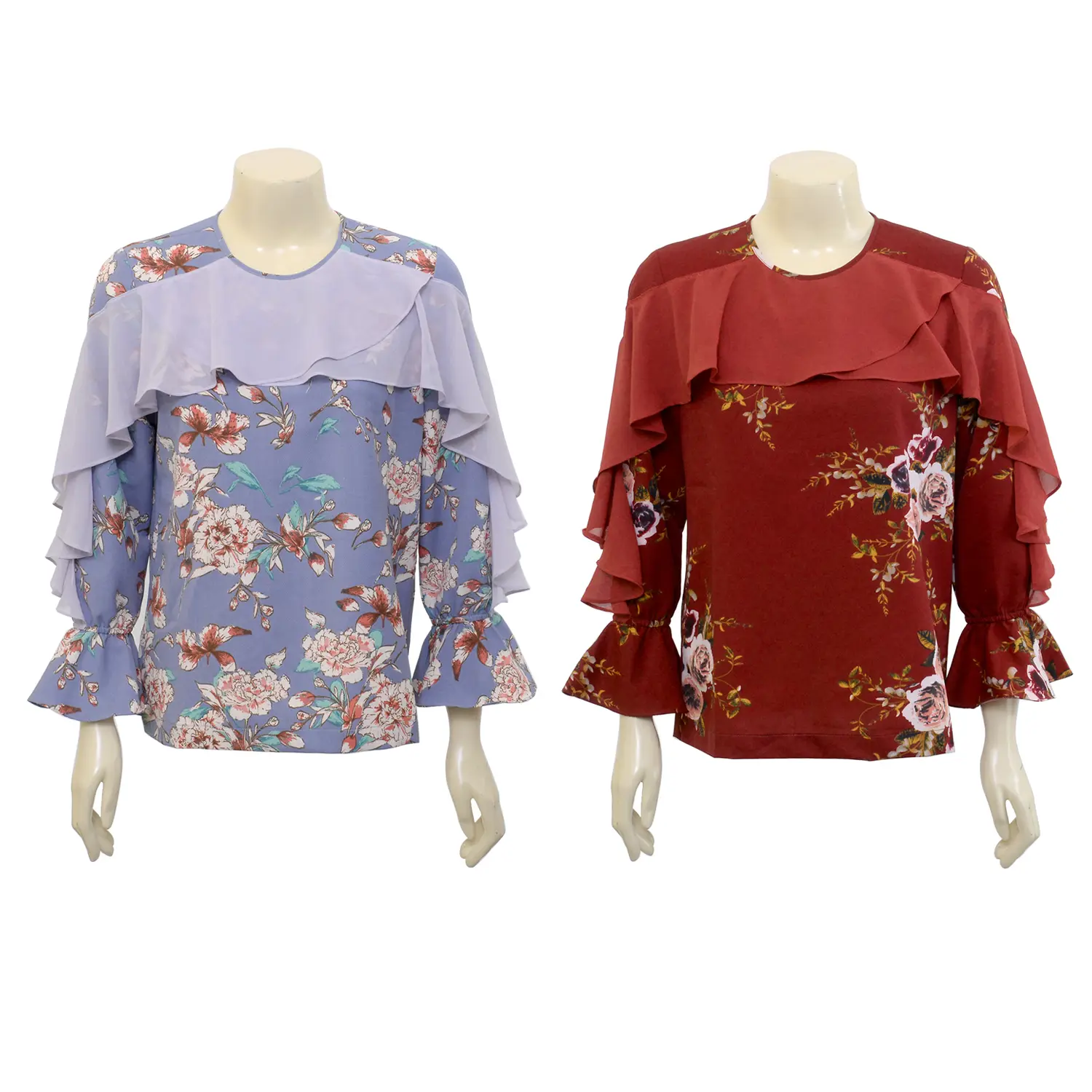 เสื้อสตรีคอกลม แบบสวม แขนยาวตกแต่งระบาย รุ่น Summer Floral Blouse