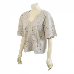 เสื้อคอวีทรงไหล่ตกแขนสั้น ตกแต่งลายปักรูปดอกไม้ - Image 2
