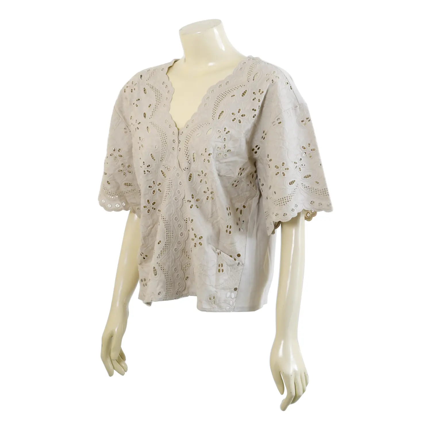 เสื้อคอวีทรงไหล่ตกแขนสั้น ตกแต่งลายปักรูปดอกไม้ - Image 2