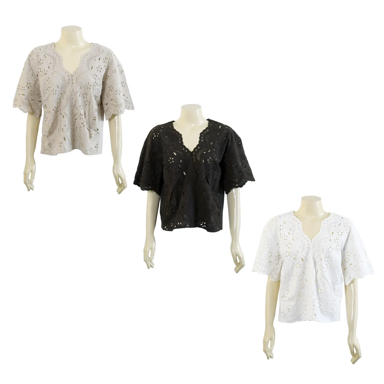 เสื้อคอวีทรงไหล่ตกแขนสั้น ตกแต่งลายปักรูปดอกไม้