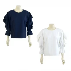 เสื้อสตรีคอกลม แขนตกแต่งระบาย