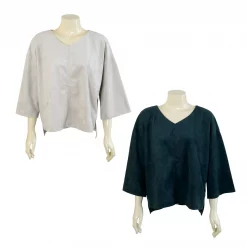 เสื้อคอวีแบบสวม ทรงไหล่ตก ผ้าหนังกลับเทียม