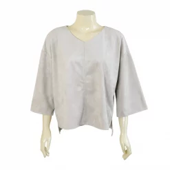 เสื้อคอวีแบบสวม ทรงไหล่ตก ผ้าหนังกลับเทียม - Image 4