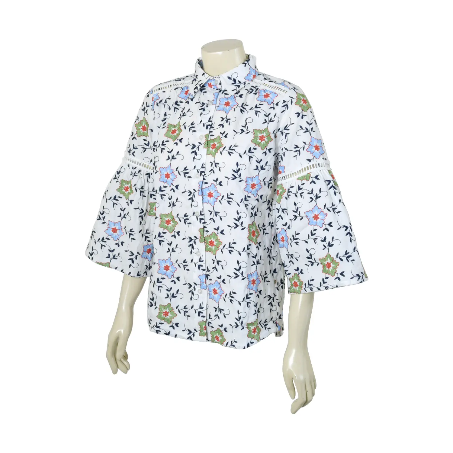 เสื้อเชิ้ตแขนกระดิ่ง ผ้าคอตตอนปักลายดอกไม้ - Image 3