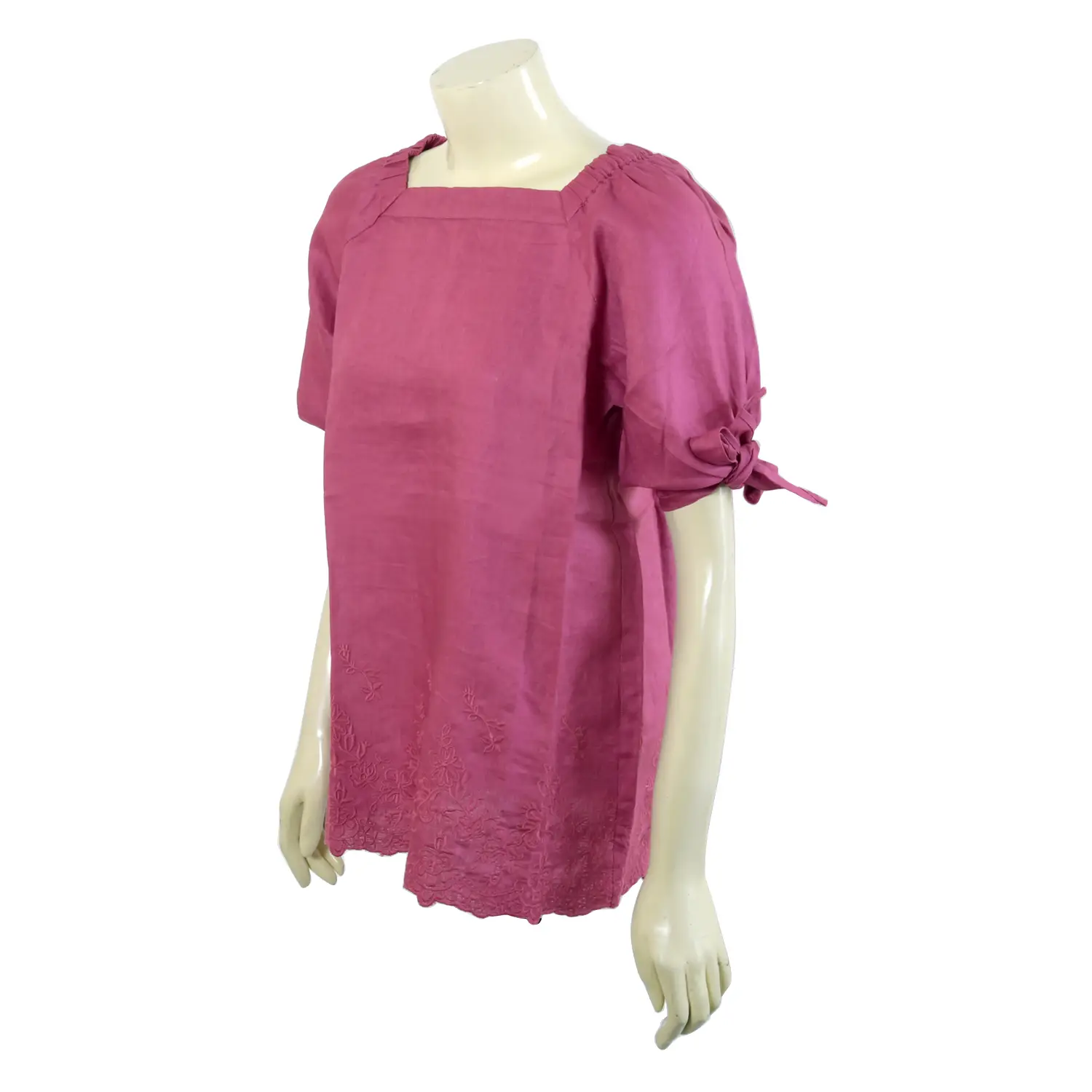 เสื้อสตรีคอเหลี่ยมแขน 3 ส่วน ผ่าปลายแขนผูกโบว์ ผ้าลินินปักลาย - Image 2