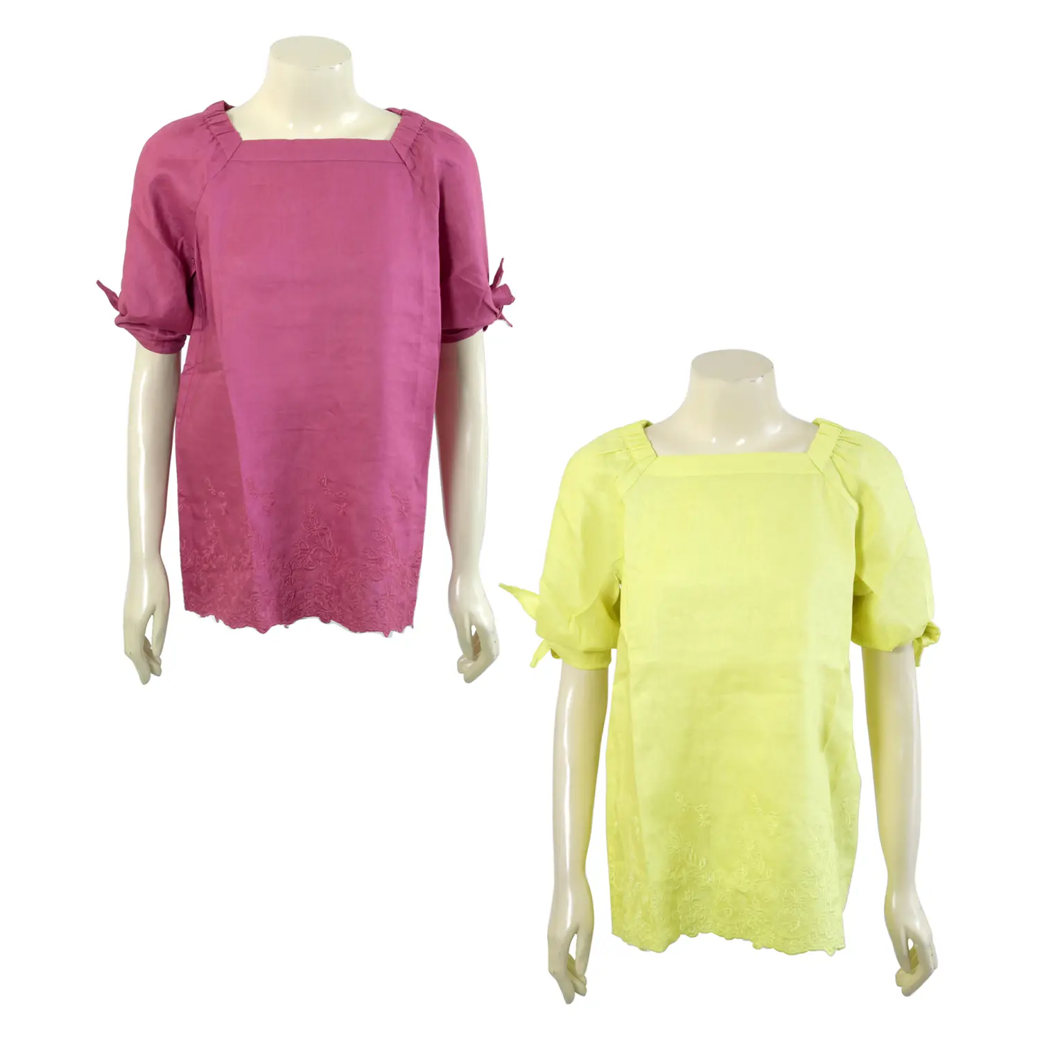 เสื้อสตรีคอเหลี่ยมแขน 3 ส่วน ผ่าปลายแขนผูกโบว์ ผ้าลินินปักลาย