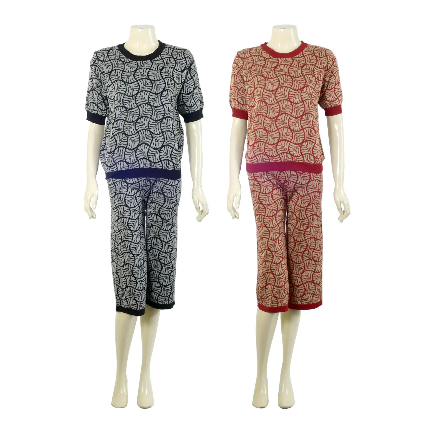 เซตเสื้อผ้าทอเจอร์ซี่ คอกลมแขน 3 ส่วนจั๊มเอว พร้อมกางเกงขา 4 ส่วน ทอลายพัด