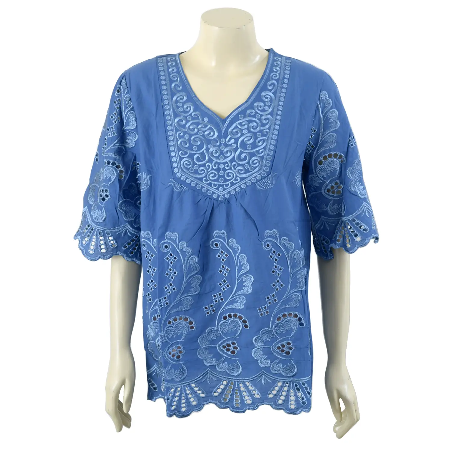 เสื้อคอวี แขน 4 ส่วน ผ้าปักลายผสมลายฉลุ รุ่น Mori Pink/Blue - Image 2