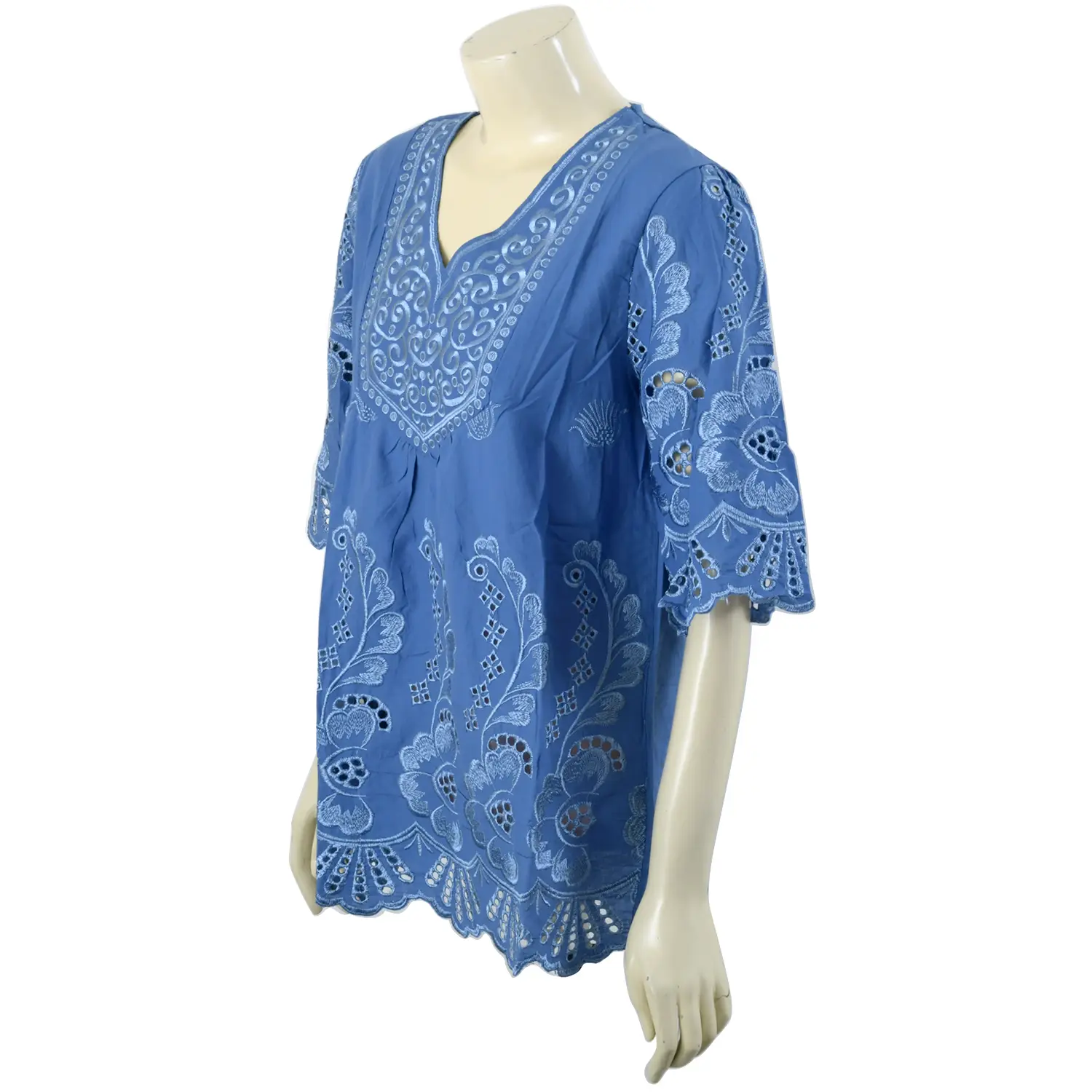 เสื้อคอวี แขน 4 ส่วน ผ้าปักลายผสมลายฉลุ รุ่น Mori Pink/Blue - Image 5