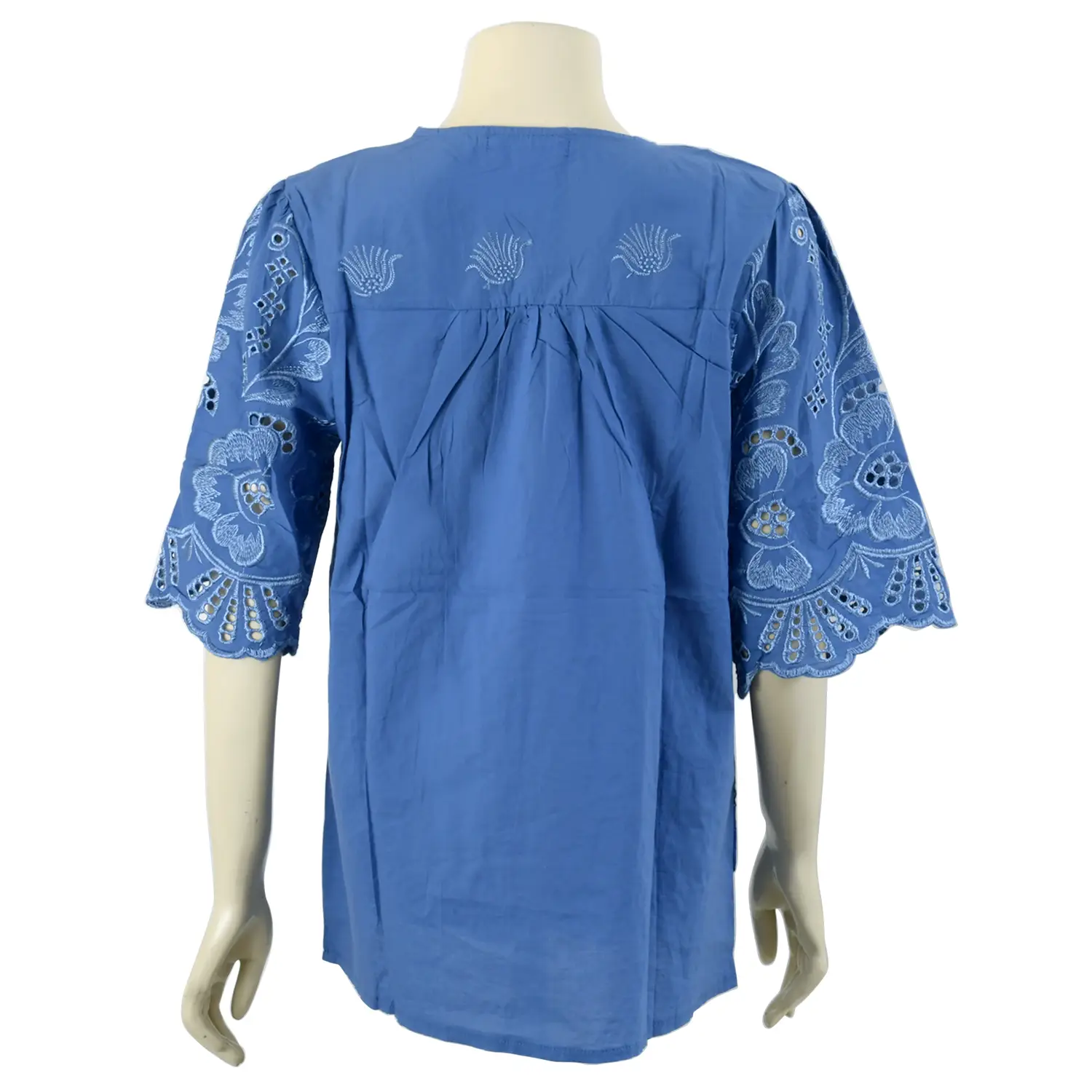 เสื้อคอวี แขน 4 ส่วน ผ้าปักลายผสมลายฉลุ รุ่น Mori Pink/Blue - Image 4