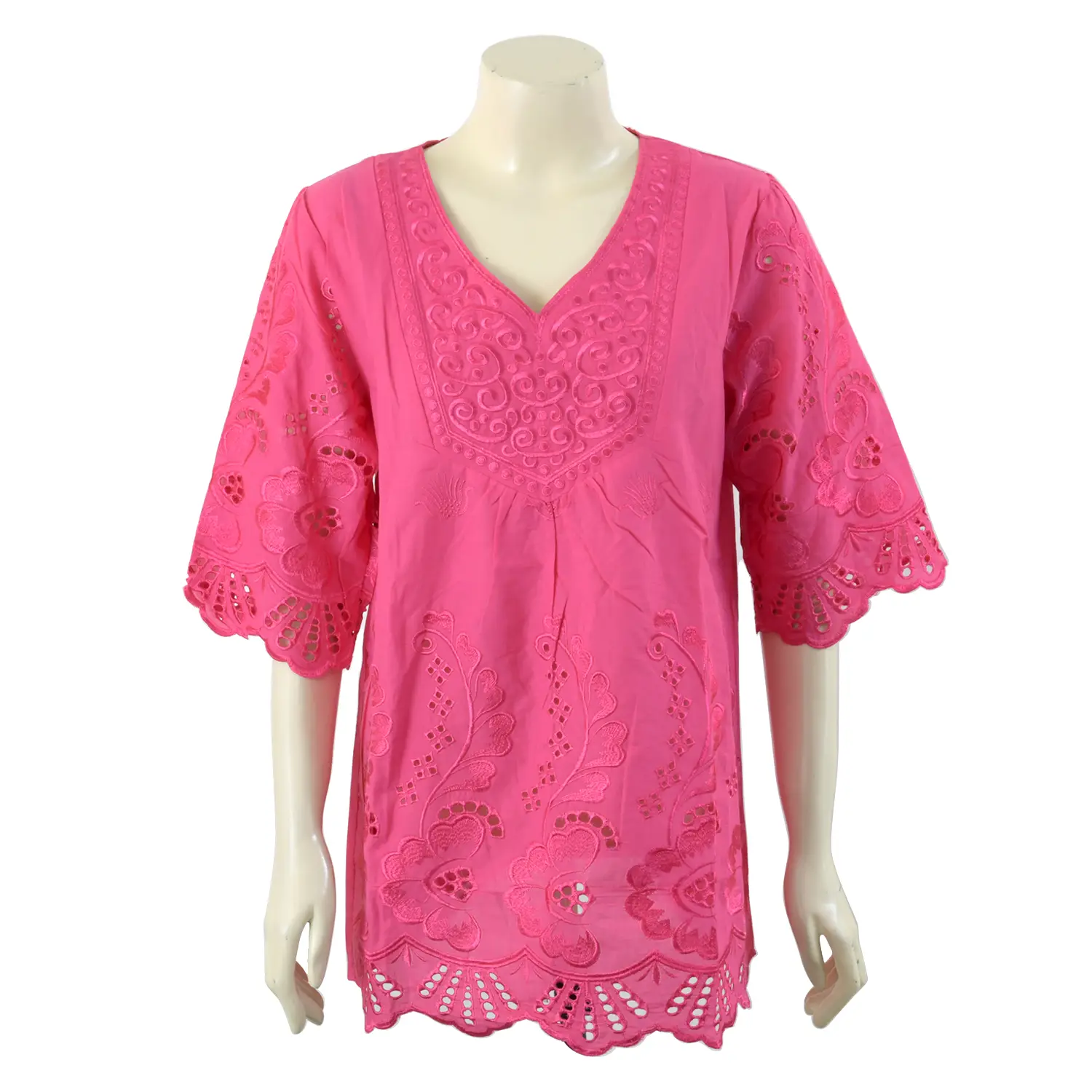 เสื้อคอวี แขน 4 ส่วน ผ้าปักลายผสมลายฉลุ รุ่น Mori Pink/Blue - Image 3