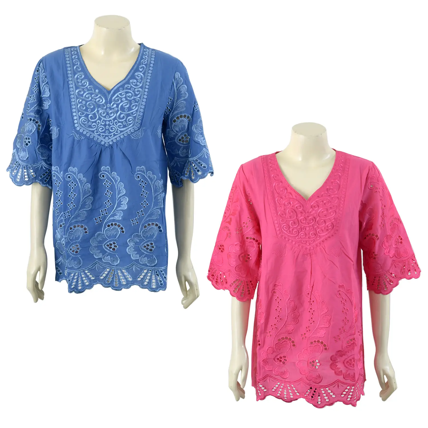 เสื้อคอวี แขน 4 ส่วน ผ้าปักลายผสมลายฉลุ รุ่น Mori Pink/Blue