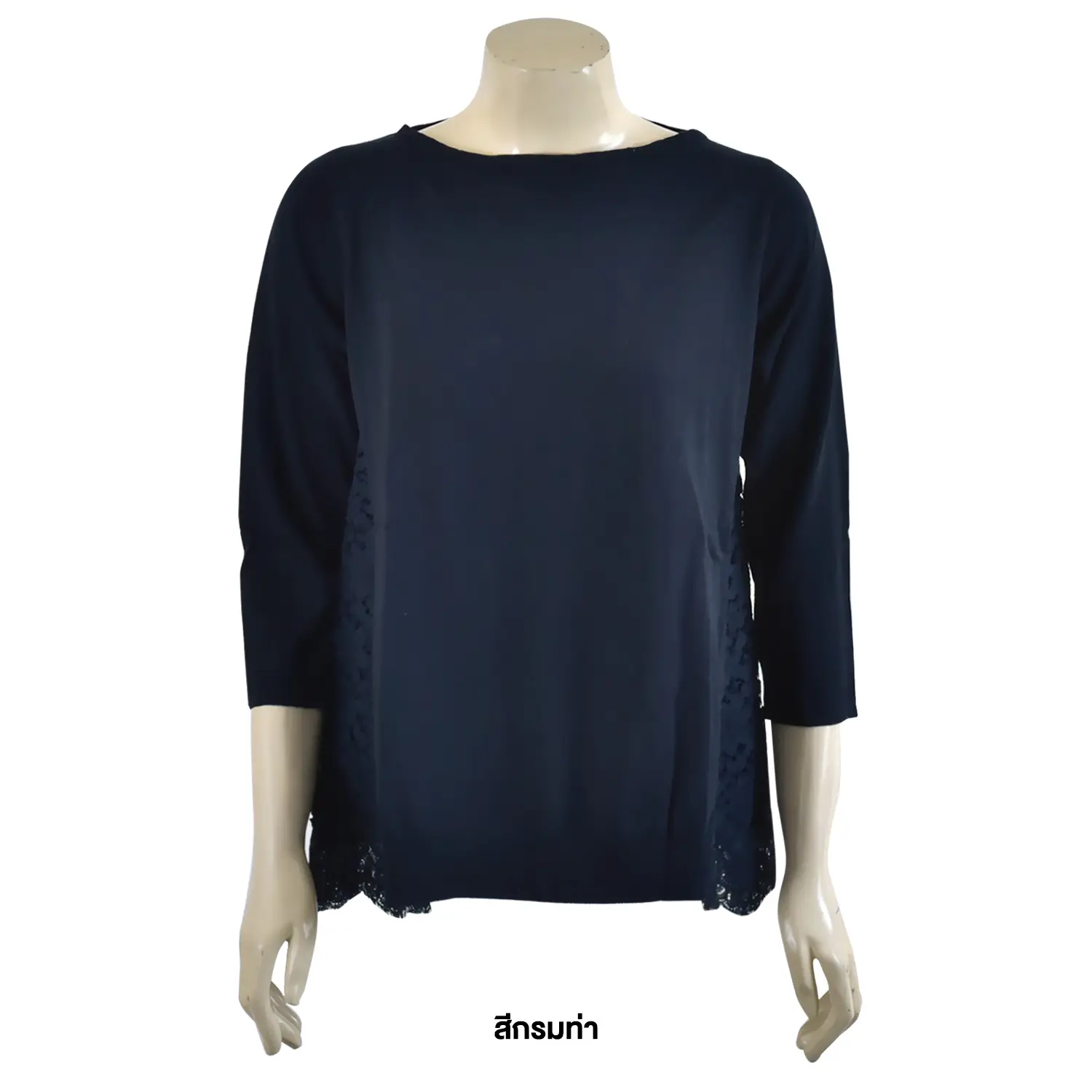 เสื้อผ้าถักแบบสวม คอกลม แขนกระบอกยาว 3 ส่วน ตัดต่อลูกไม้ด้านหลัง - Image 2