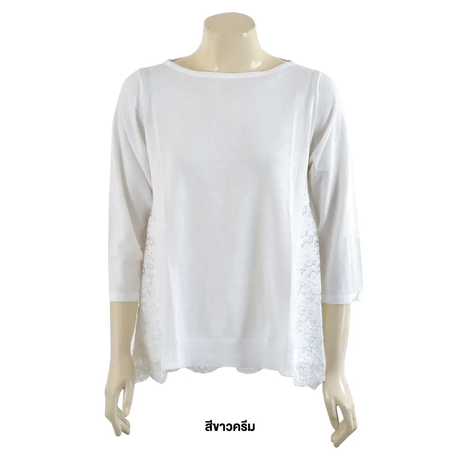 เสื้อผ้าถักแบบสวม คอกลม แขนกระบอกยาว 3 ส่วน ตัดต่อลูกไม้ด้านหลัง - Image 5