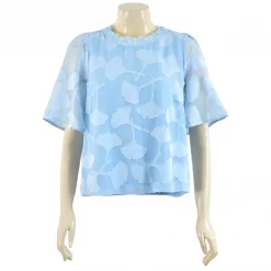 เสื้อสตรีคอกลม  แขน 3 ส่วน ทรงกระดิ่ง ผ้าเบิร์นเอ้าท์ ชีฟอง  ลายกิงโกะลีฟ