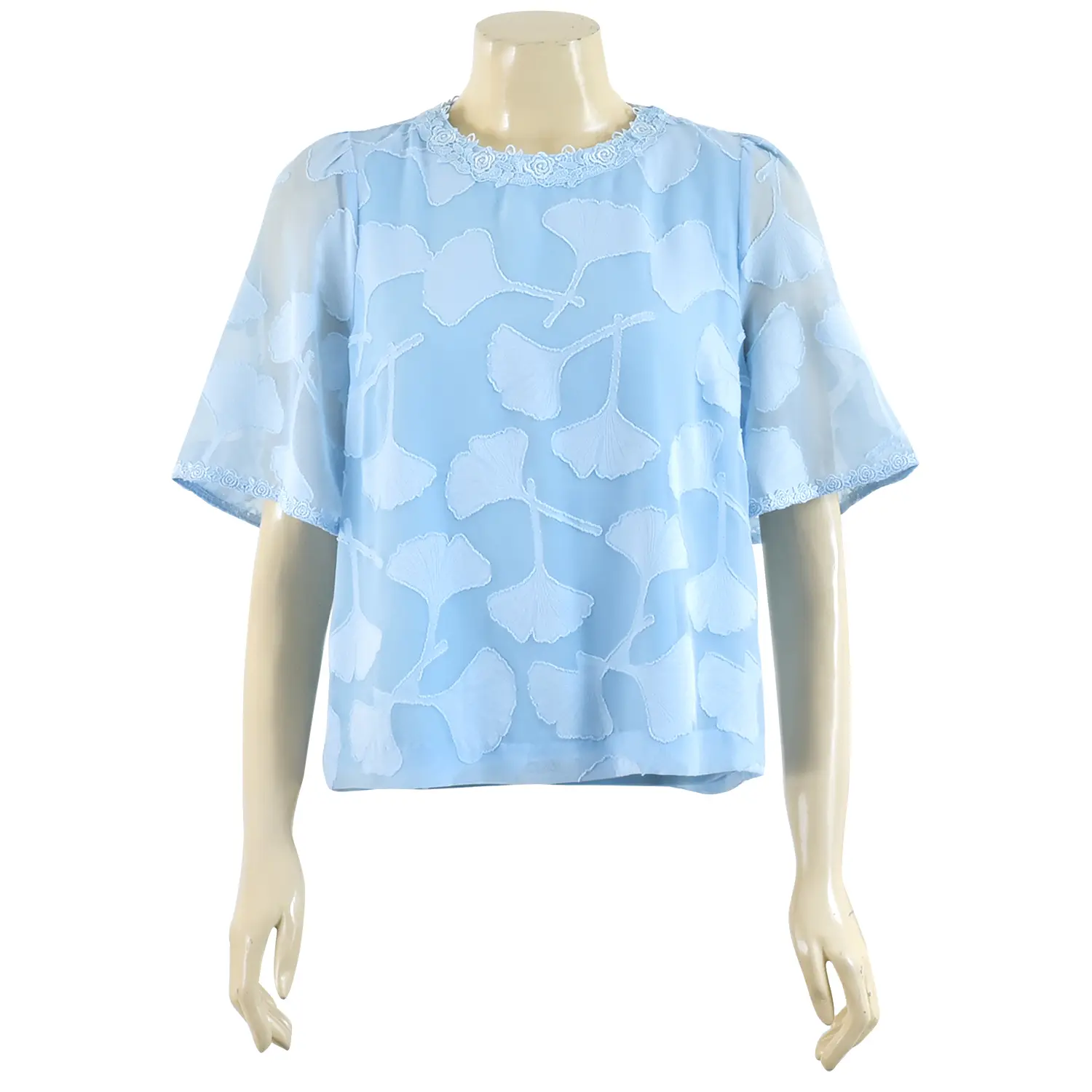 เสื้อสตรีคอกลม แขน 3 ส่วน ทรงกระดิ่ง ผ้าเบิร์นเอ้าท์ ชีฟอง ลายกิงโกะลีฟ