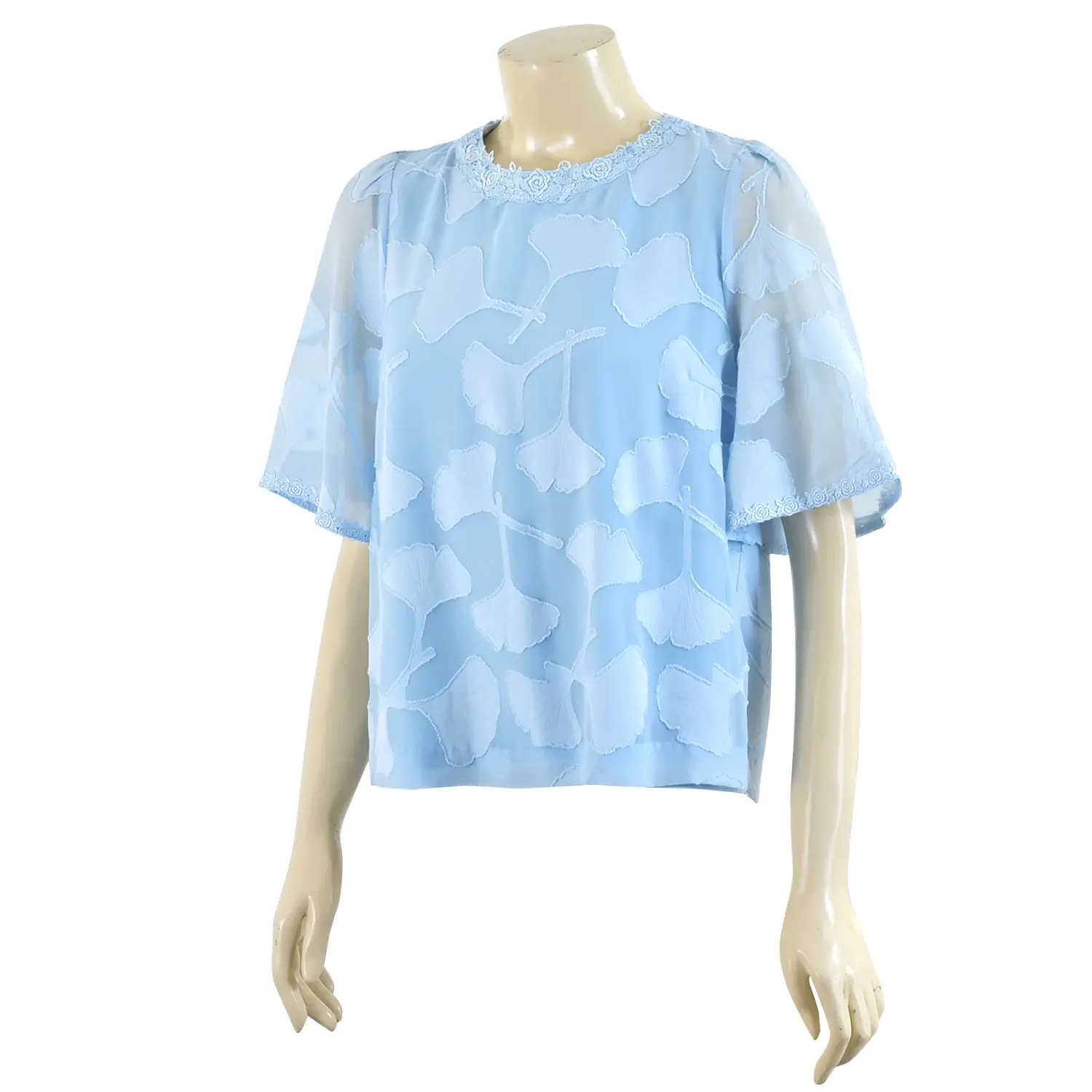 เสื้อสตรีคอกลม แขน 3 ส่วน ทรงกระดิ่ง ผ้าเบิร์นเอ้าท์ ชีฟอง ลายกิงโกะลีฟ - Image 2