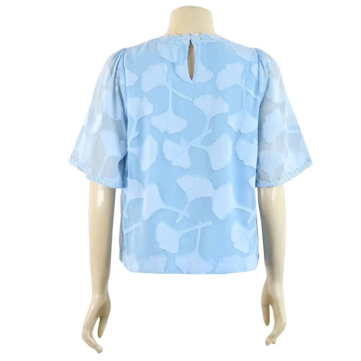 เสื้อสตรีคอกลม แขน 3 ส่วน ทรงกระดิ่ง ผ้าเบิร์นเอ้าท์ ชีฟอง ลายกิงโกะลีฟ - Image 3