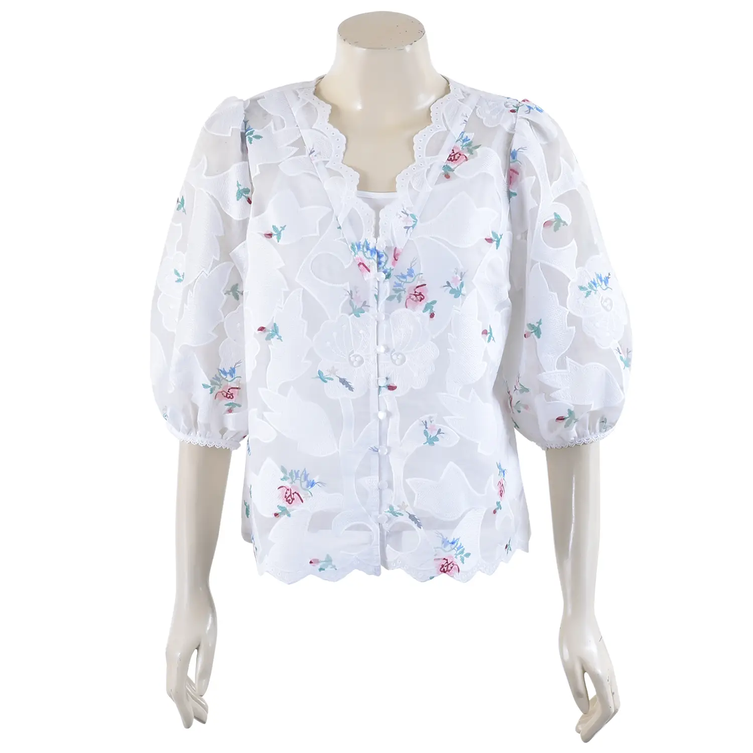 เสื้อสตรีคอวี แขนตุ๊กตา ยาว 4 ส่วน ผ้าพิมพ์และ ปักลายดอกไม้