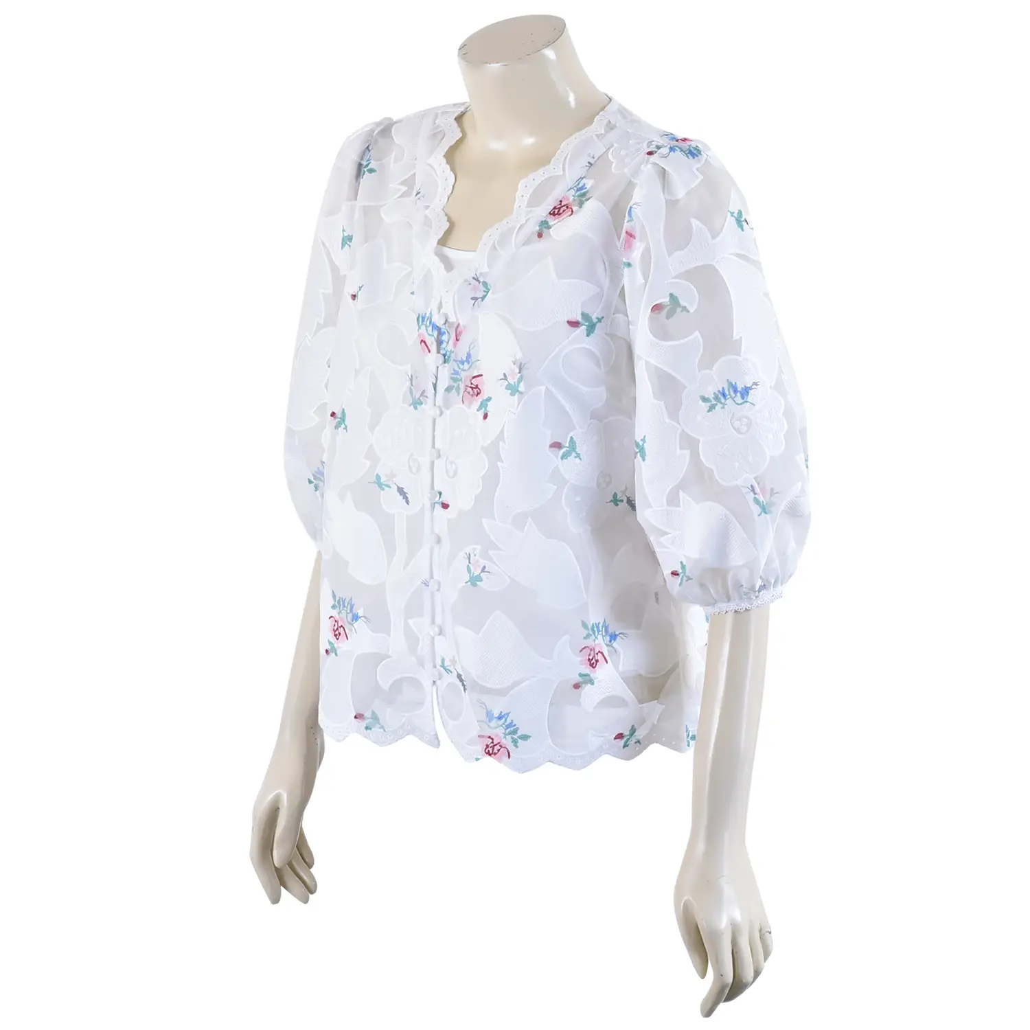 เสื้อสตรีคอวี แขนตุ๊กตา ยาว 4 ส่วน ผ้าพิมพ์และ ปักลายดอกไม้ - Image 2