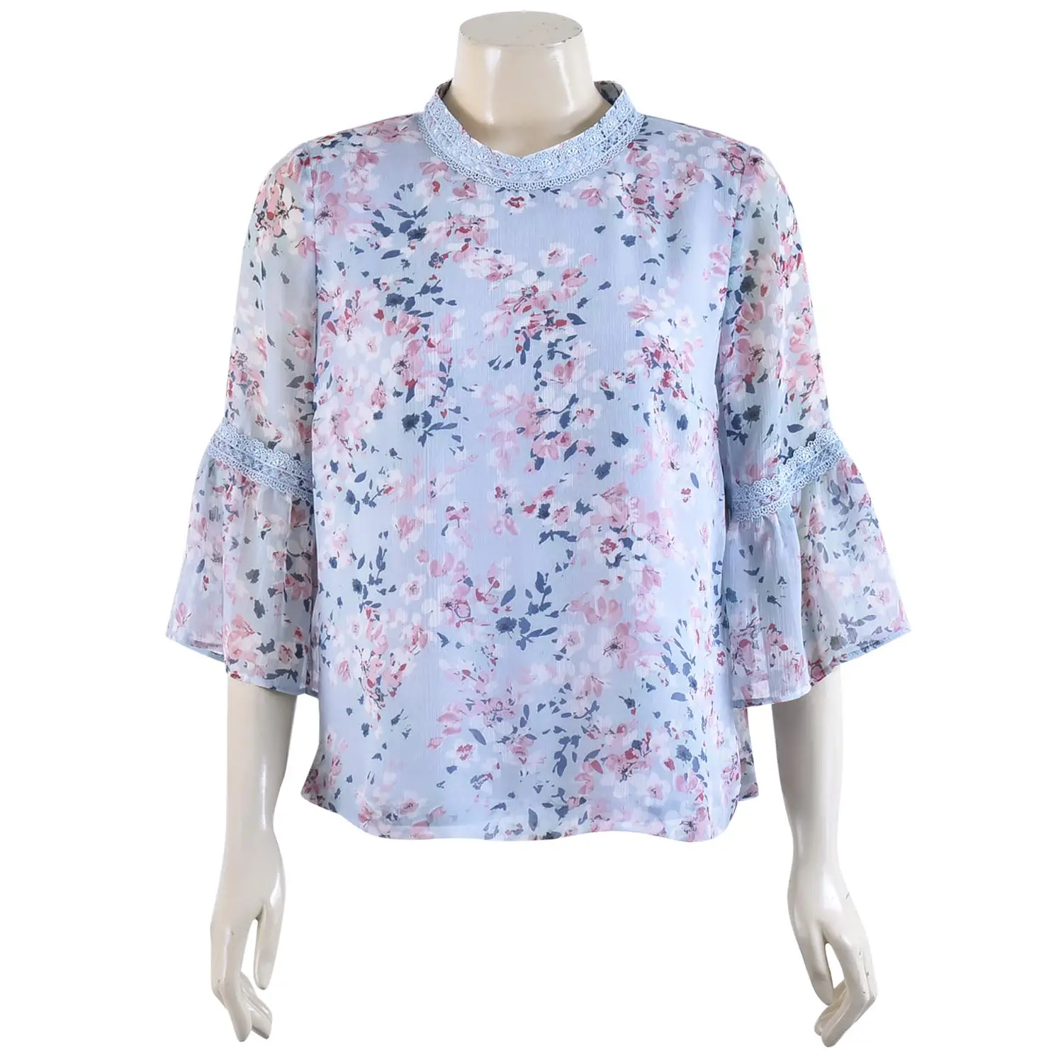 เสื้อสตรีคอตั้ง แขนยาว 4 ส่วน ตัดต่อปลายแขน ทรงกระดิ่ง ผ้าพิมพ์ลาย ดอกซากุระ