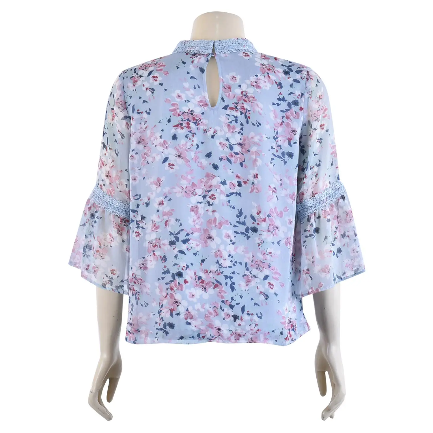เสื้อสตรีคอตั้ง แขนยาว 4 ส่วน ตัดต่อปลายแขน ทรงกระดิ่ง ผ้าพิมพ์ลาย ดอกซากุระ - Image 3