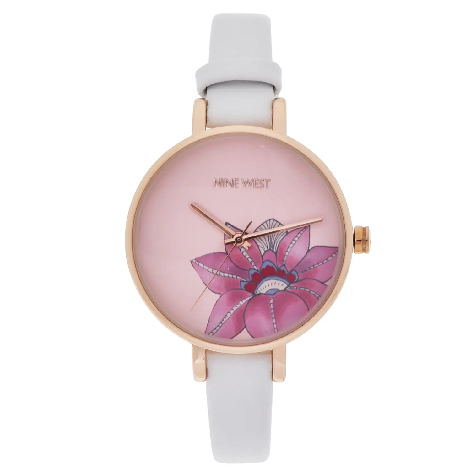 นาฬิกาข้อมือ Nine West หน้าปัดทรงกลมพื้นหน้าปัด ลายดอกไม้ สายหนังสีขาว