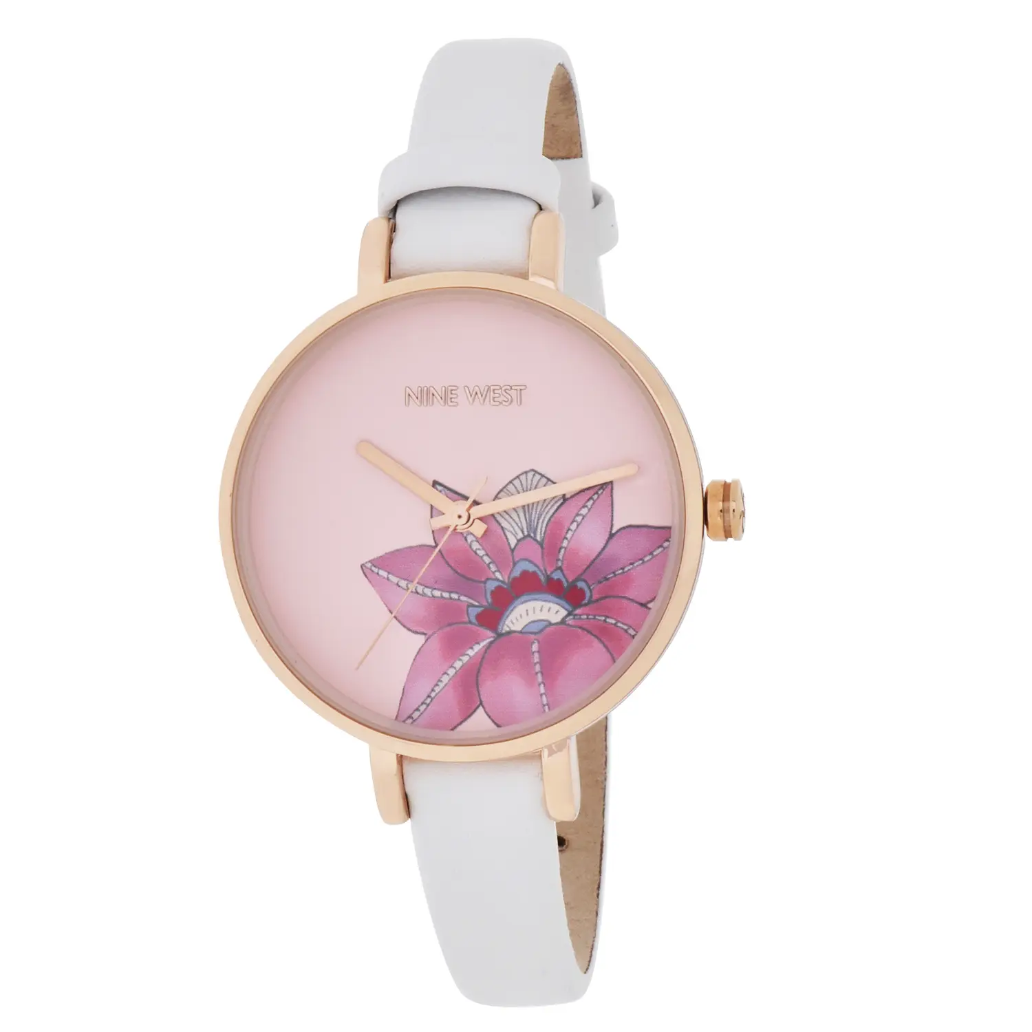 นาฬิกาข้อมือ Nine West หน้าปัดทรงกลมพื้นหน้าปัด ลายดอกไม้ สายหนังสีขาว - Image 2