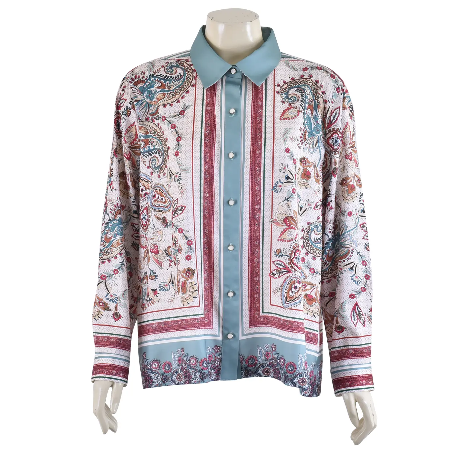เสื้อเชิ้ตสตรีคอปก แขนยาว ผ้าซาติน พิมพ์ลายเพสลีย์Becky Russell Fashion