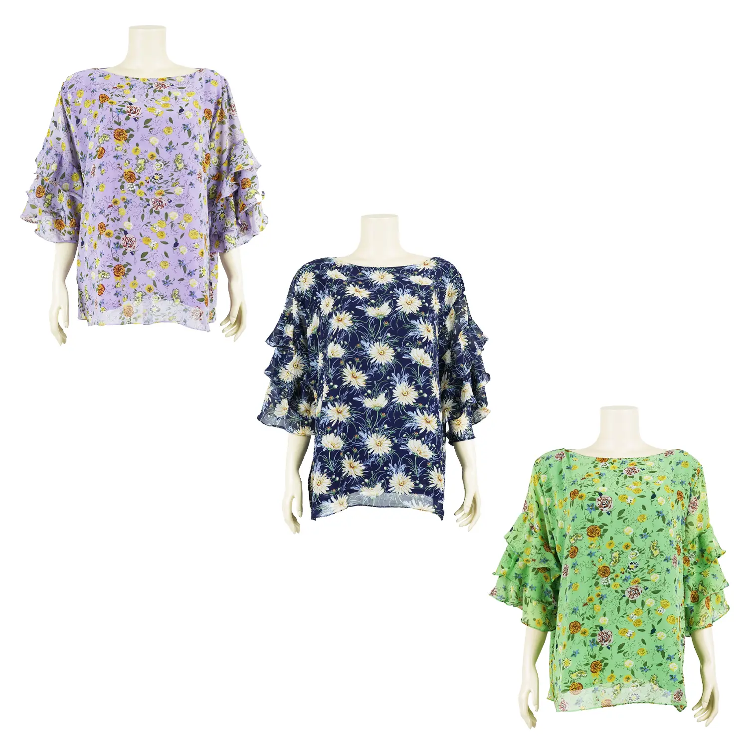 เซตเสื้อสตรีคอปาด ผ้าชีฟอง พิมพ์ลายดอกไม้ แขนยาว 4 ส่วน ตัดต่อระบาย 3 ชั้น จำนวนรวม 3 ตัว