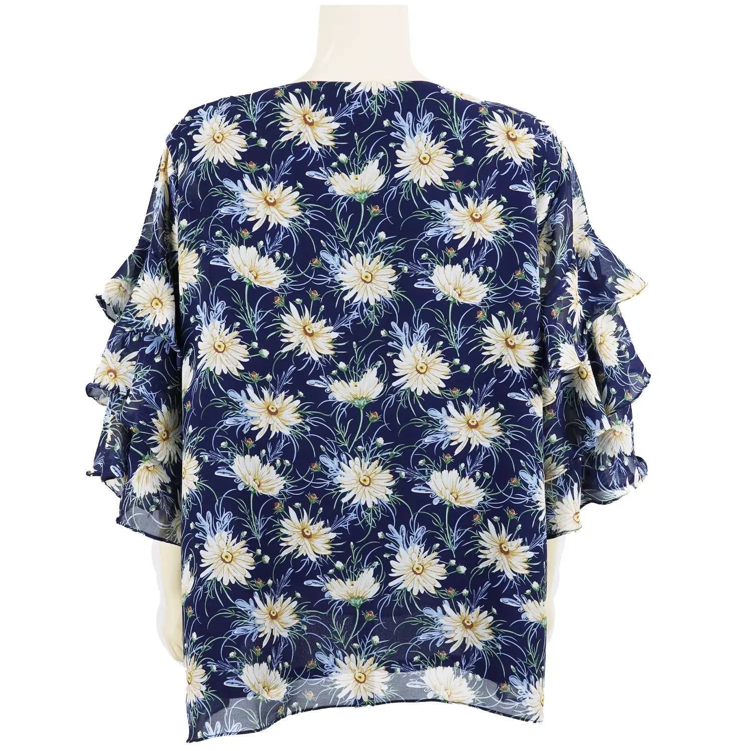 เซตเสื้อสตรีคอปาด ผ้าชีฟอง พิมพ์ลายดอกไม้ แขนยาว 4 ส่วน ตัดต่อระบาย 3 ชั้น จำนวนรวม 3 ตัว - Image 6