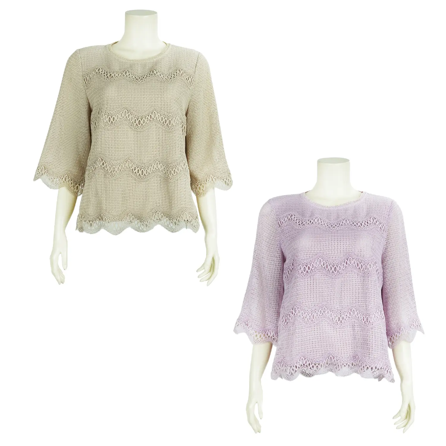 เสื้อสตรีคอกลม แขน กระบอกยาว 4 ส่วน แต่งเทปลูกไม้ ผ้าลูกไม้ ทอลายบาสเก็ตวีฟ