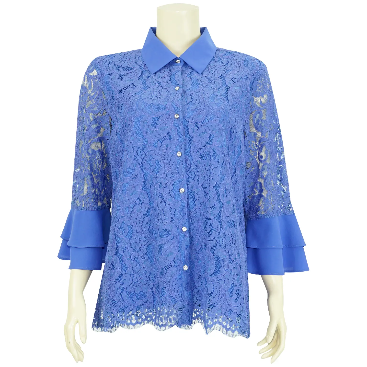 เสื้อเชิ้ตสตรีผ้าลูกไม้ คอปก แขนยาว 5 ส่วน ตัดต่อปลายแขนกระดิ่ง