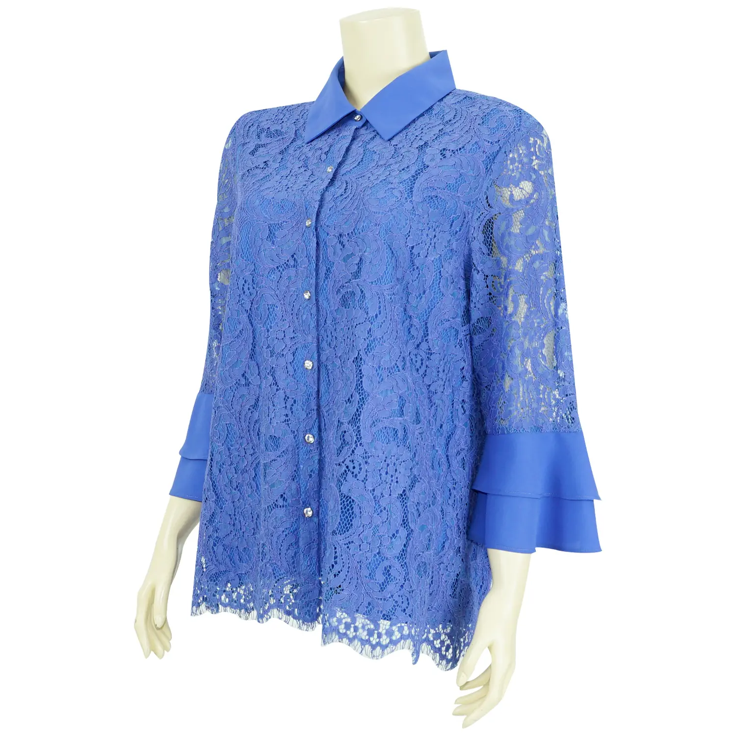 เสื้อเชิ้ตสตรีผ้าลูกไม้ คอปก แขนยาว 5 ส่วน ตัดต่อปลายแขนกระดิ่ง - Image 3
