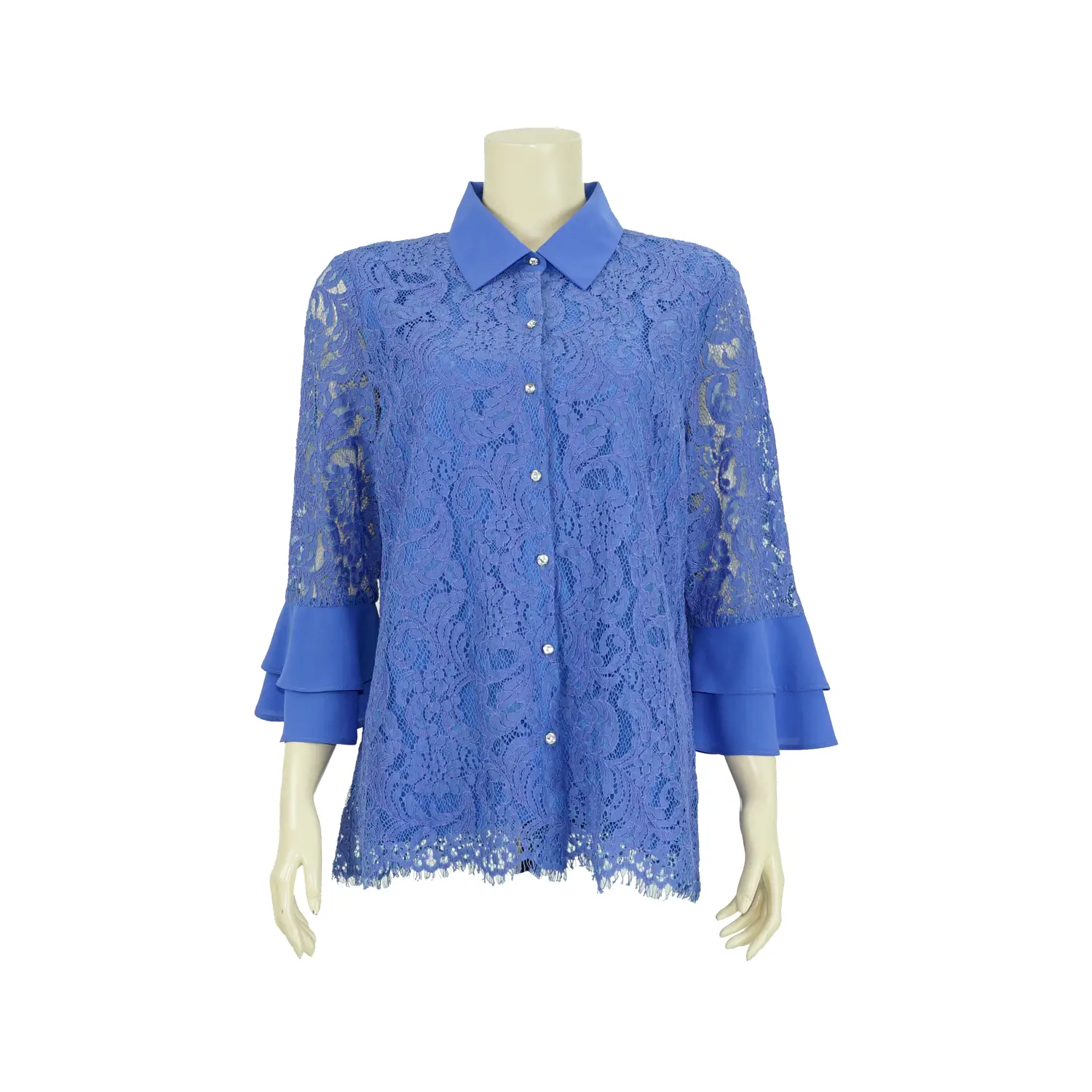 เสื้อเชิ้ตสตรีผ้าลูกไม้ คอปก แขนยาว 5 ส่วน ตัดต่อปลายแขนกระดิ่ง - Image 4