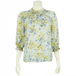 เสื้อสตรีคอตั้งแต่ง ระบายช่วงบ่าหน้า  แขนตุ๊กตายาว 3 ส่วน  ผ้าชีฟองพิมพ์ลายดอกไม้ - Image 2