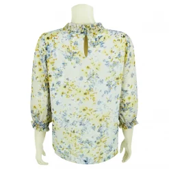 เสื้อสตรีคอตั้งแต่ง ระบายช่วงบ่าหน้า  แขนตุ๊กตายาว 3 ส่วน  ผ้าชีฟองพิมพ์ลายดอกไม้