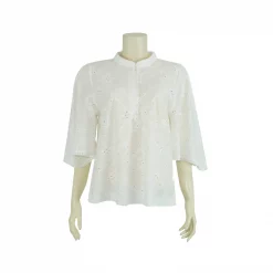 เสื้อสตรีคอจีน แขนบาน ทรง A-Line ยาว 4 ส่วน ผ้าปักลายฉลุสไตล์วินเทจ