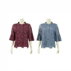 เสื้อสตรีคอตั้ง แขนกระบอก ยาว 4 ส่วนตัดต่อปลายแขน ทรงกระดิ่ง ผ้าลูกไม้ทอลาย ดอกไม้