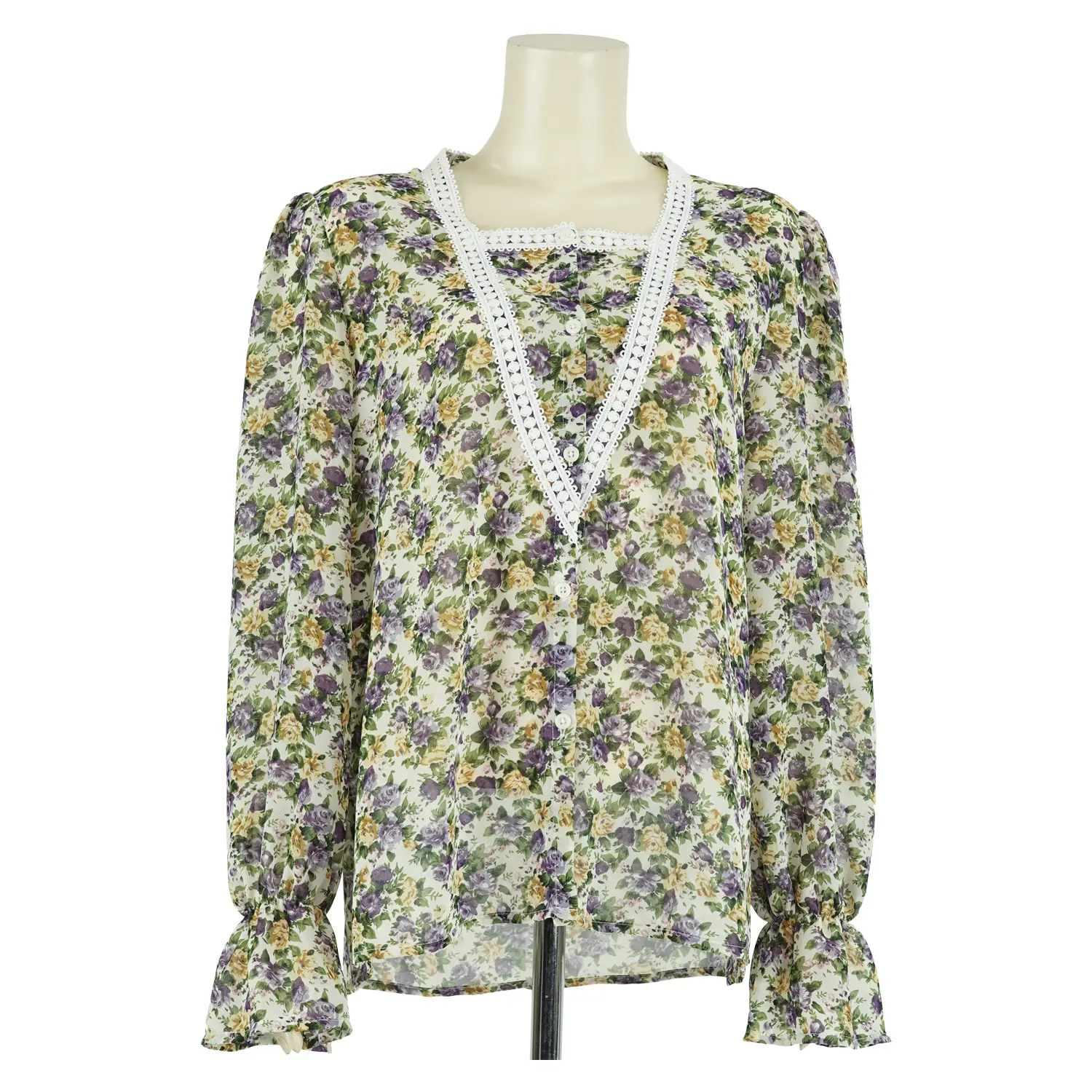 เซตเสื้อสตรี ผ้าชีฟอง พิมพ์ลายดอกไม้ ตกแต่งเทปลูกไม้ช่วงคอ - Image 2