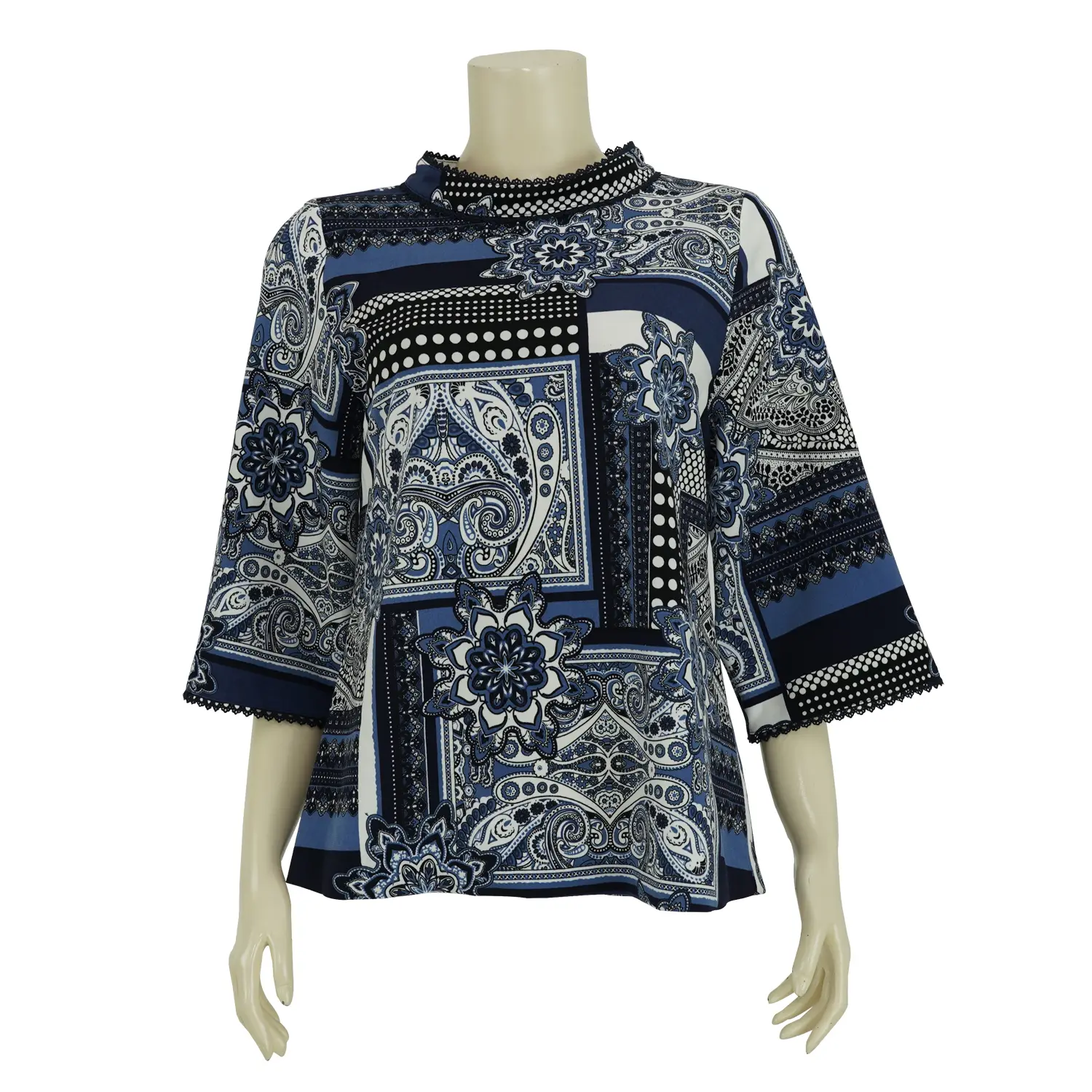 เสื้อสตรีคอตั้ง แขนยาว 4 ส่วน ผ้าพิมพ์ลายเพสลีย์แพทช์เวิร์ค - Image 3